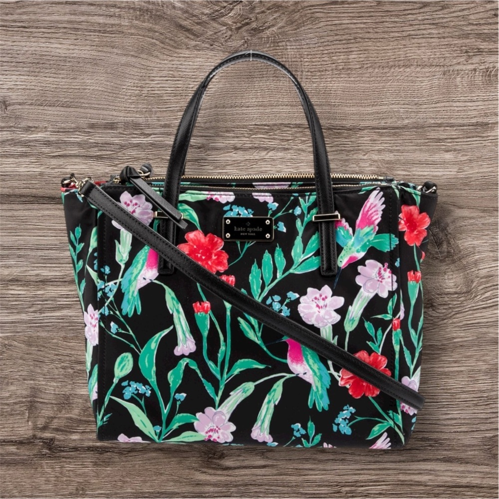 Kate Spade Wilson Road Hummingbird Black Floral Alyse Satchel  Handbag New